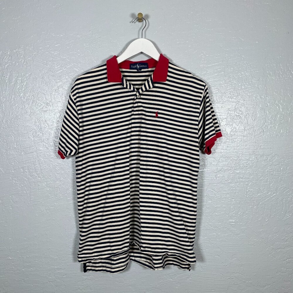 Ralph Lauren Men L Blue White Red Stripe Polo Shirt Short Sleeve Preppy Golf